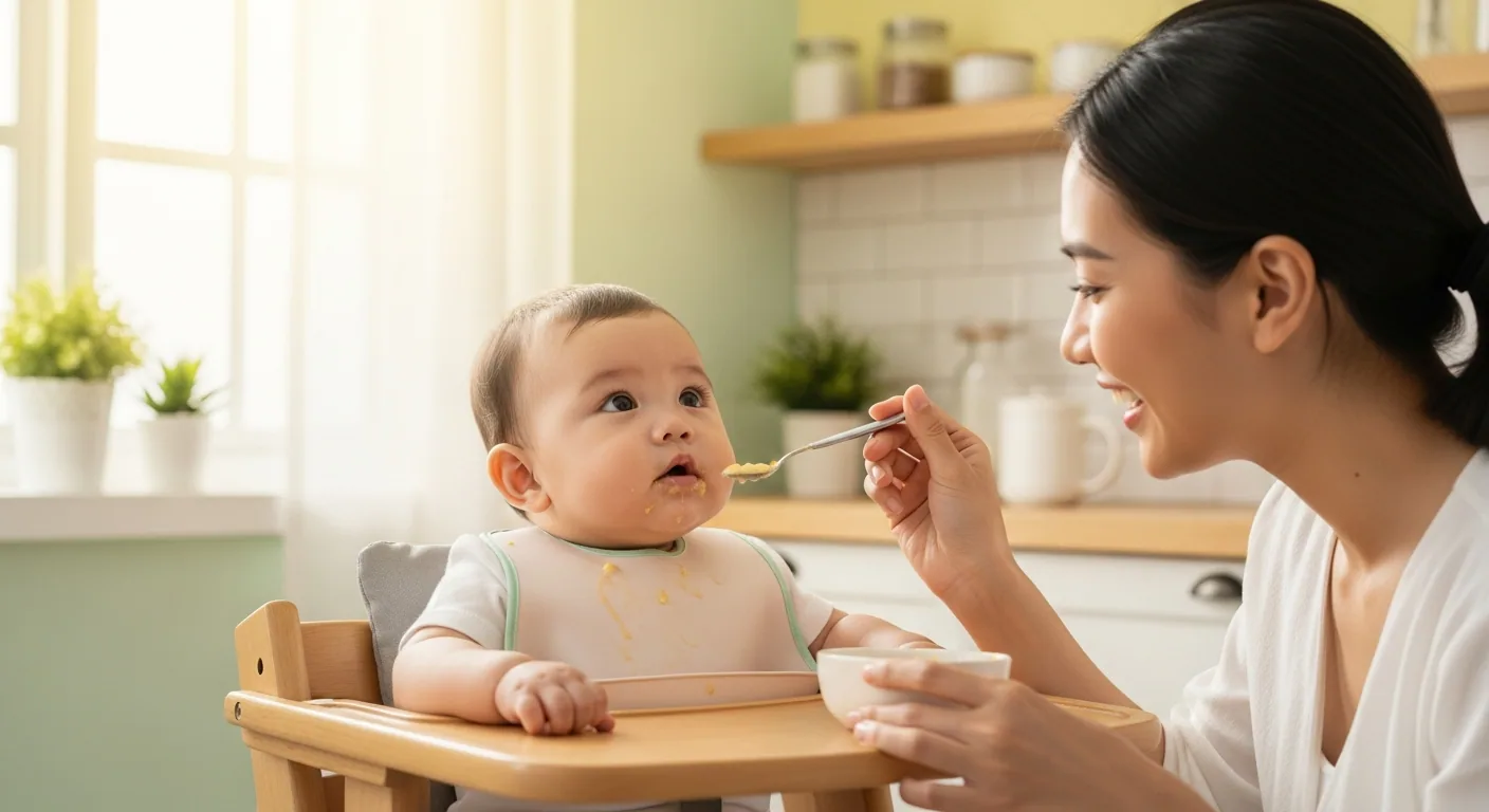 Bayi 6 bulan disuapi MPASI oleh ibu di kursi makan dengan dapur cerah