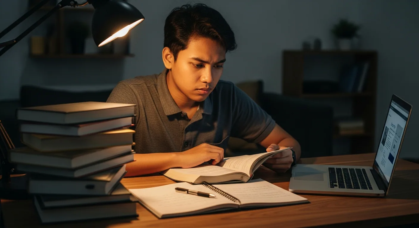 Pemuda Indonesia sedang belajar serius dengan tumpukan buku dan laptop untuk persiapan CPNS