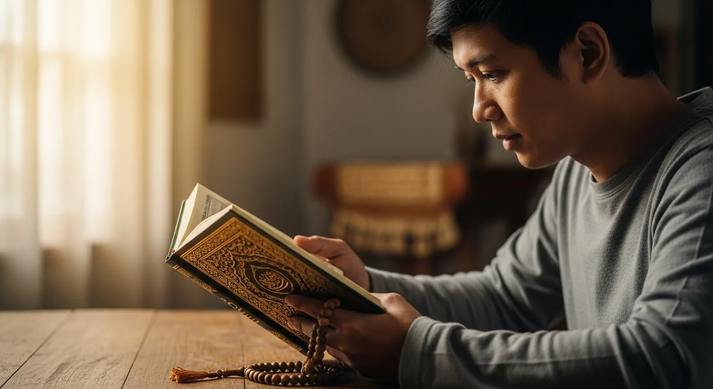 Muslim berdoa sebelum tidur dengan khusyuk di kamar yang tenang