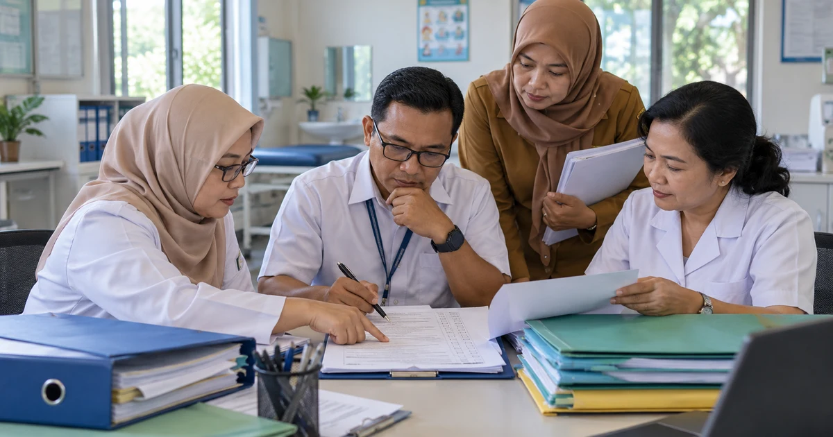 Tim puskesmas meninjau checklist dokumen akreditasi bersama