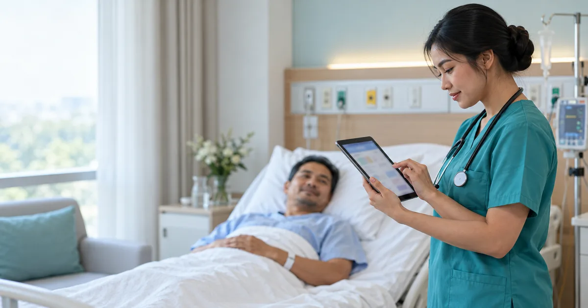 Perawat mencatat perkembangan perawatan pasien pada tablet di samping tempat tidur
