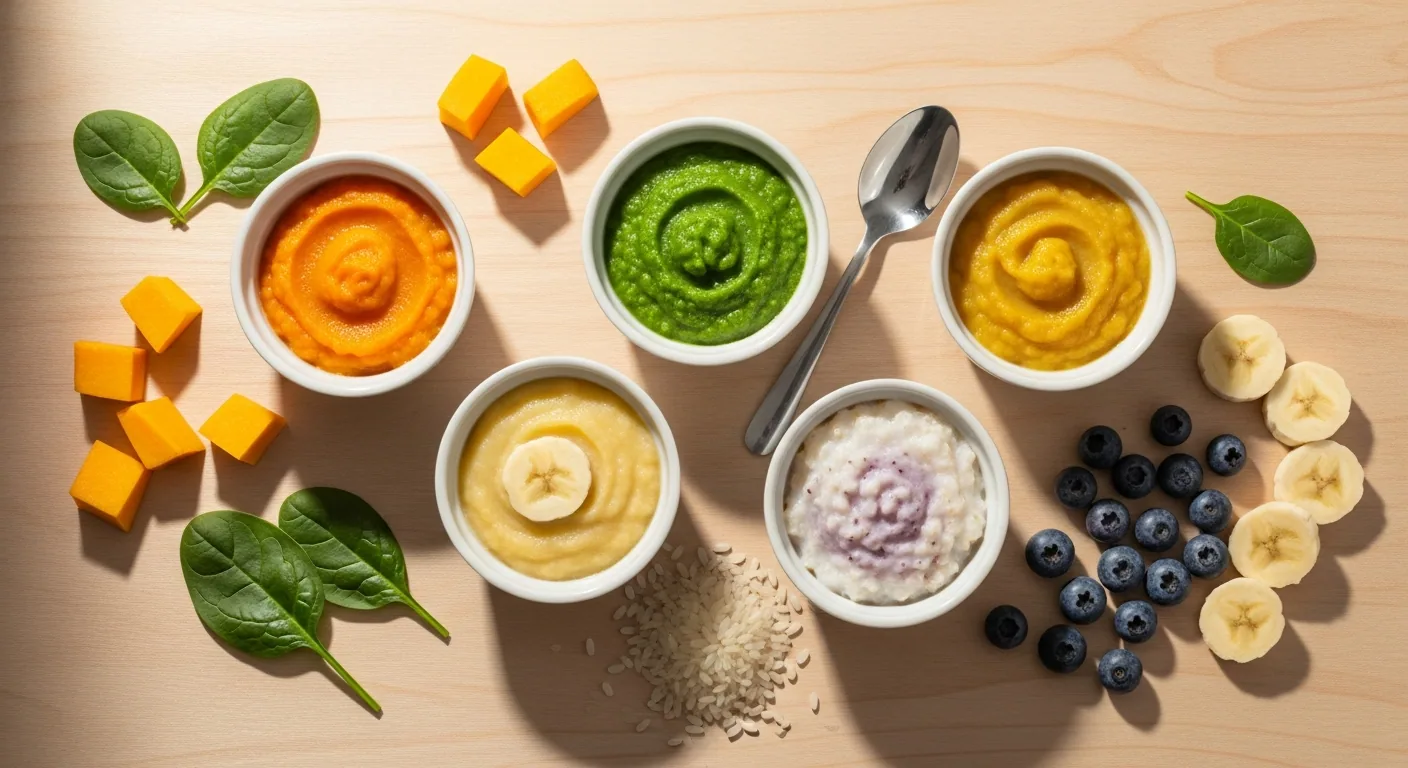 Berbagai menu MPASI berwarna-warni di mangkuk: pure labu, bayam, pisang, dan bubur beras