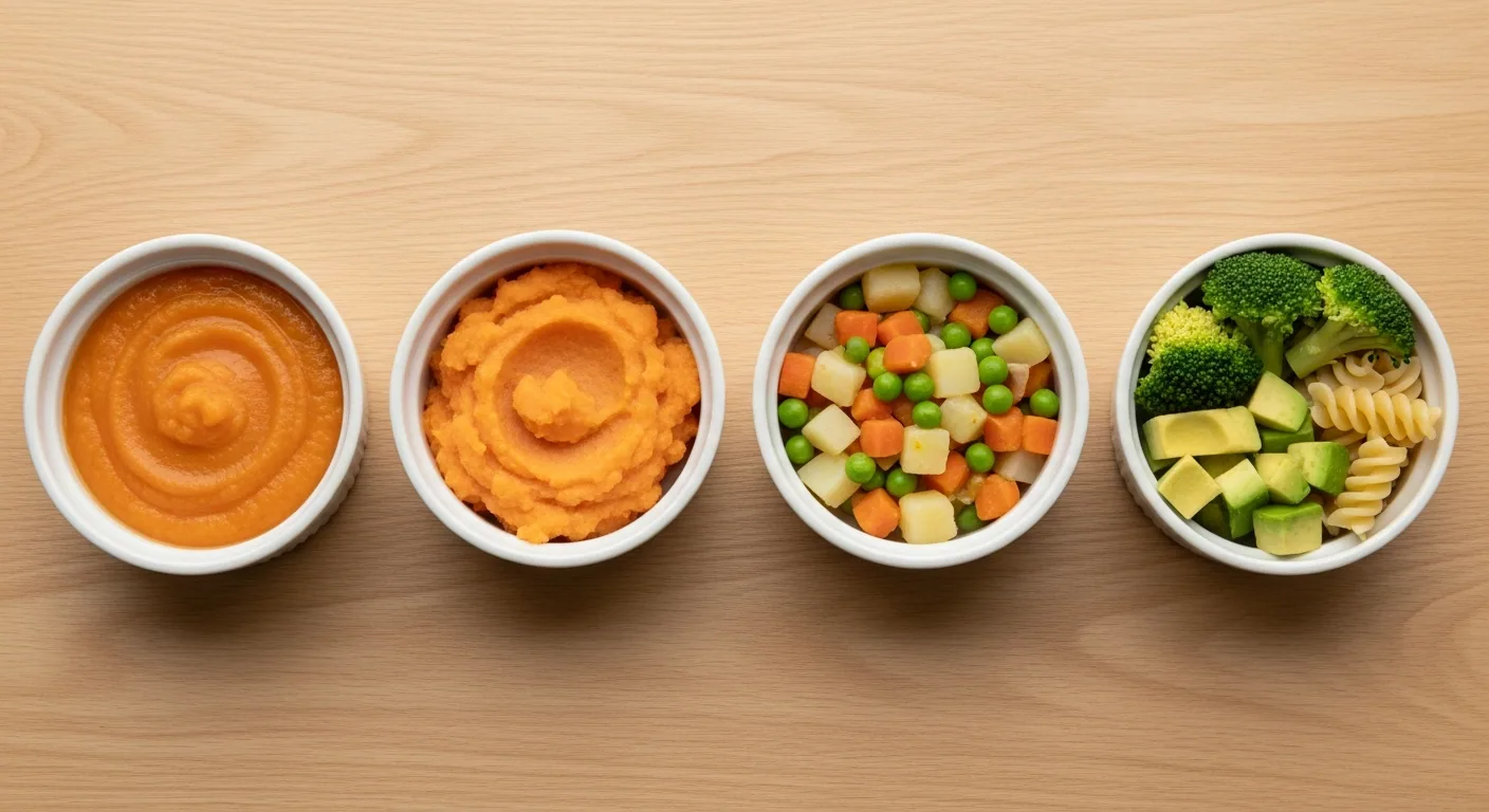 Empat mangkuk menunjukkan progresi tekstur MPASI dari pure halus sampai finger food