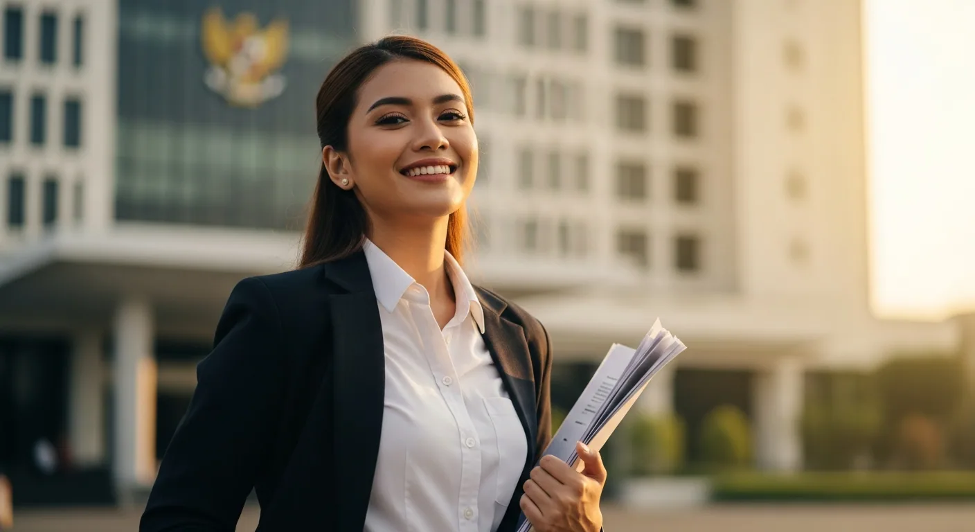 Pelamar CPNS muda Indonesia tersenyum percaya diri membawa berkas di depan gedung pemerintahan