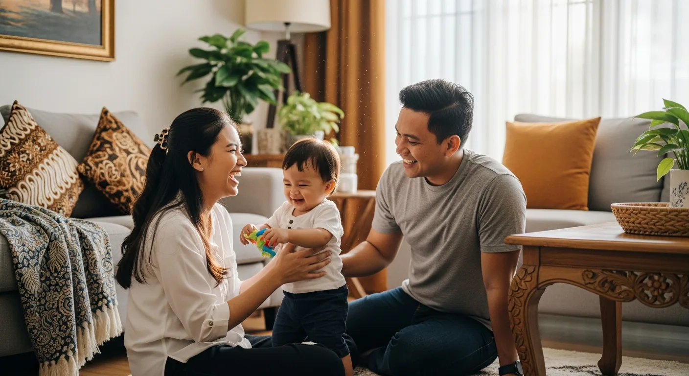Orang tua dengan tenang menangani anak balita yang sedang tantrum