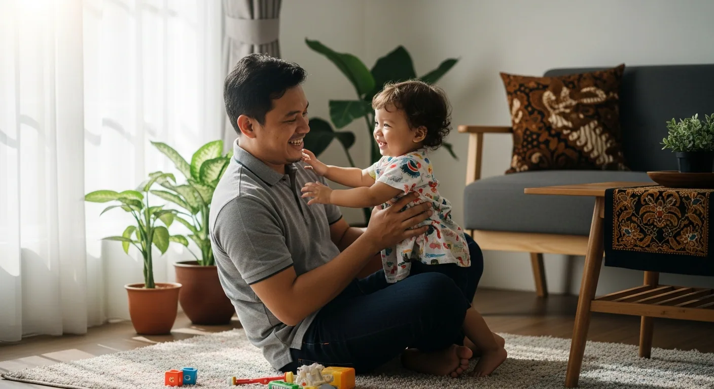Anak bermain tablet dengan orang tua yang mengatur waktu layar secara bijak