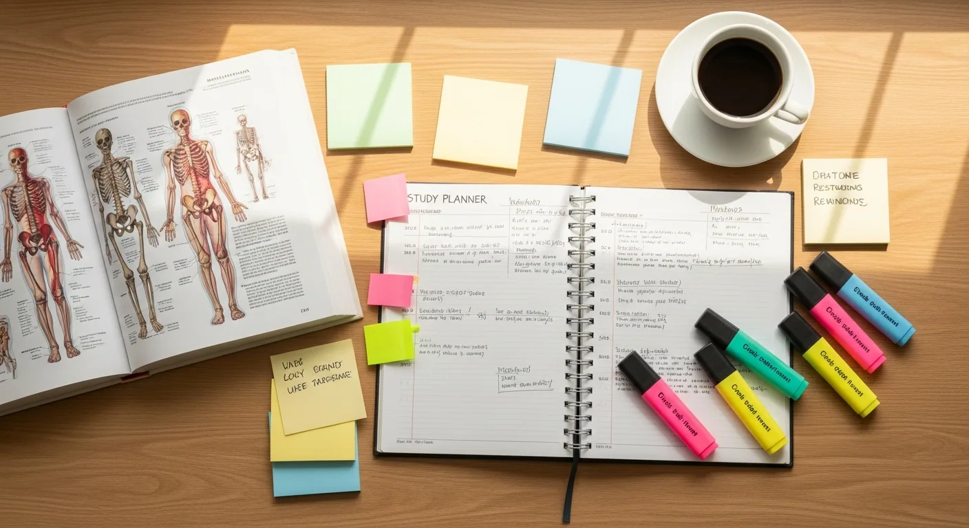Jadwal belajar UKOM dengan planner, highlighter, dan buku anatomi